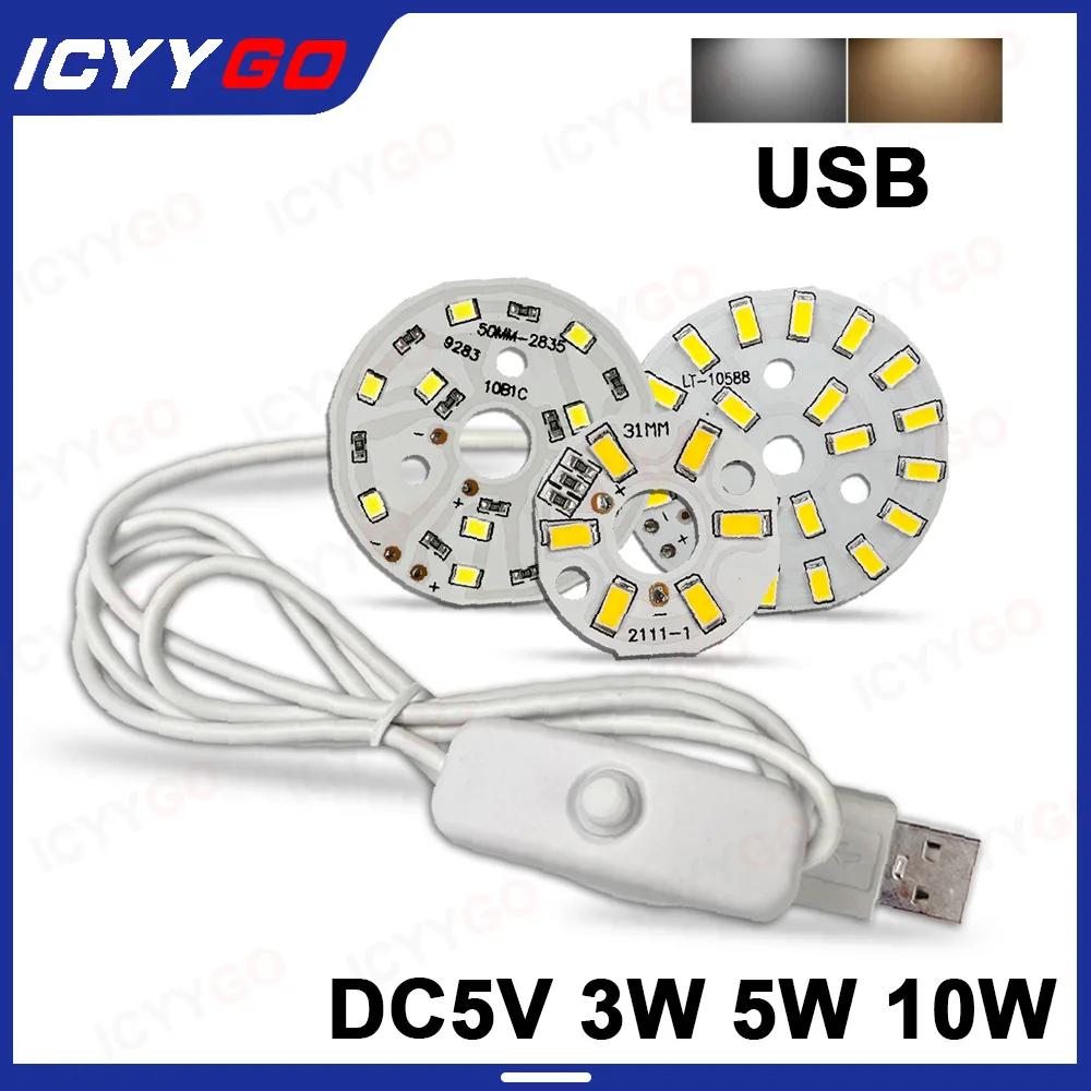 USB 3W 5W 10W DC5V 5730 2835 SMD LED Light Board LED Chip White Warm Light with On/Off Switch Cable Light Source Light Board