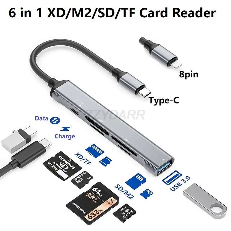 6 in 1 iPhone XD Card Reader to Lightning M2 Card Reader XD Picture Card Adapter for SD/Mouse/TF Type C Reader with Charging