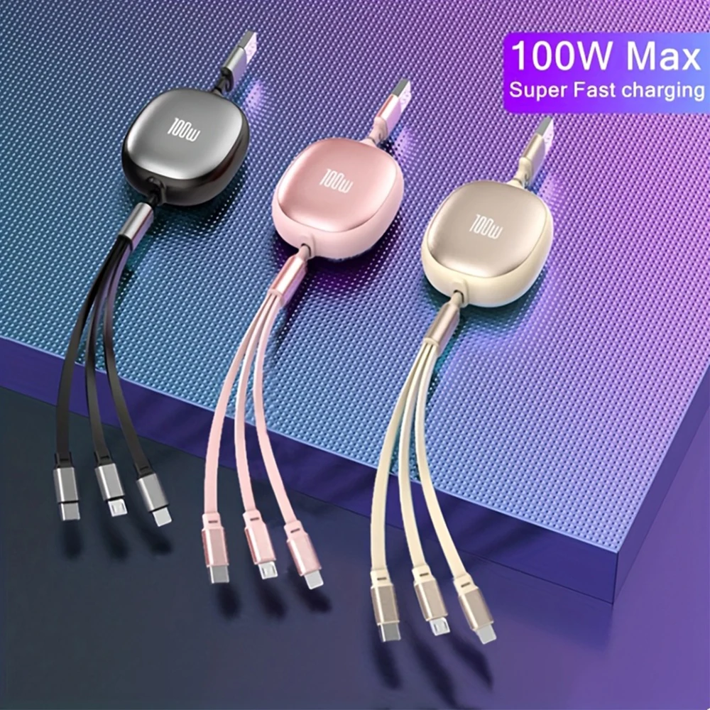 3 in 1 100W USB to Type-C Micro Retractable Fast Charging Cable for iPhone 14 13 12 11 Pro Max 7 8 Samsung S24 Xiaomi Cable