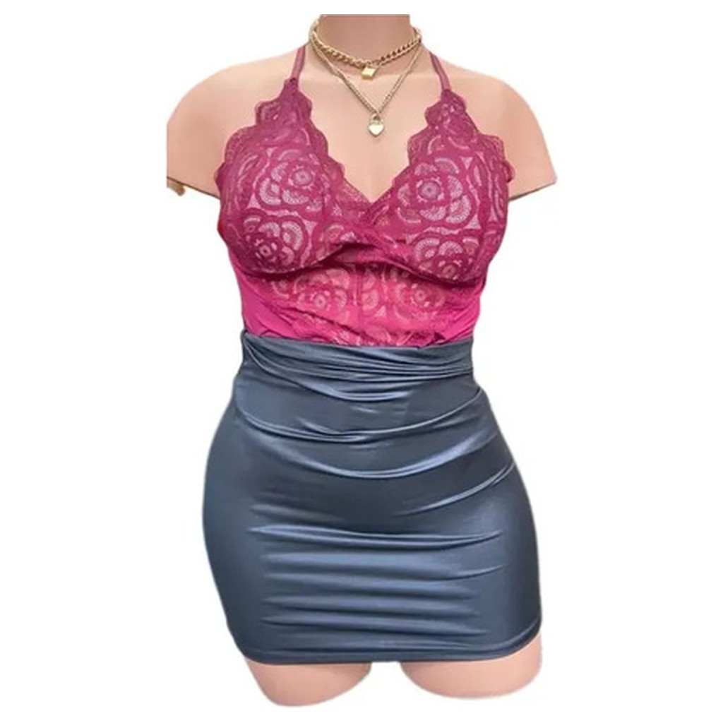 Conjunto Body Renda Saia Couro Fake BRALOK Plus Size Feminino Manga Curta