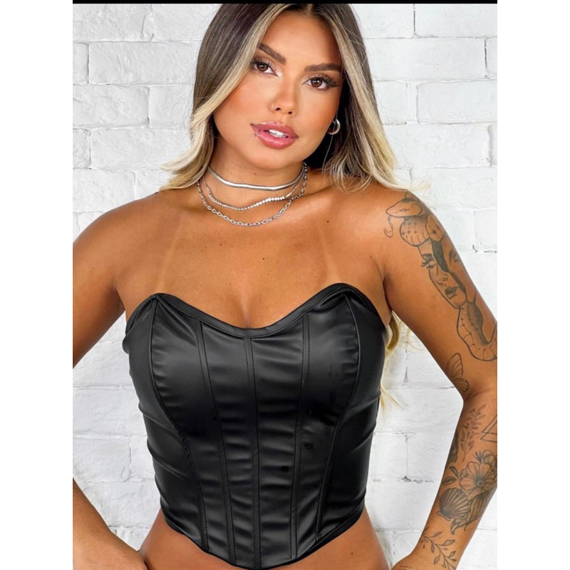 Cropped espartilho couro courino fake morcego tomara que caia vinil varias cores