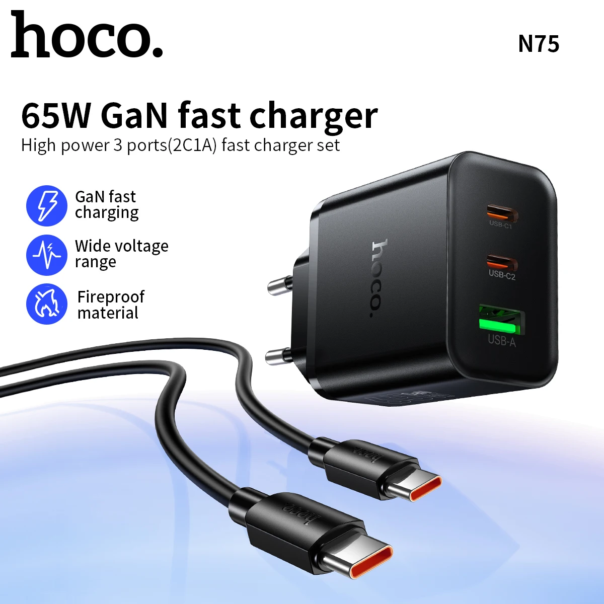 HOCO EU PD65W Dual USB C Fast Charging USB A Phone Charger For iPhone 17/16/15 Pro Max Quick Charger For Samsung Tablet Laptop