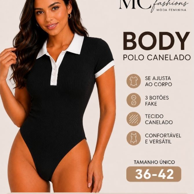 Body Polo Feminino Canelado Bicolor Manga Curta 3 Botões Fake