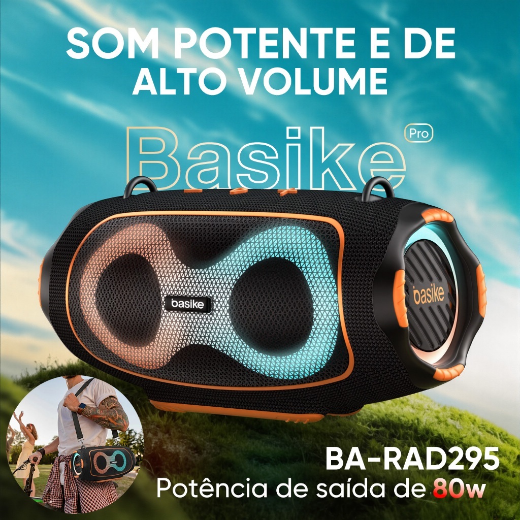 Basike Caixa de Som Bluetooth 80W Portátil IPX6 8000mAh TWS RGB Bass Forte USB AUX TF FM Outdoor