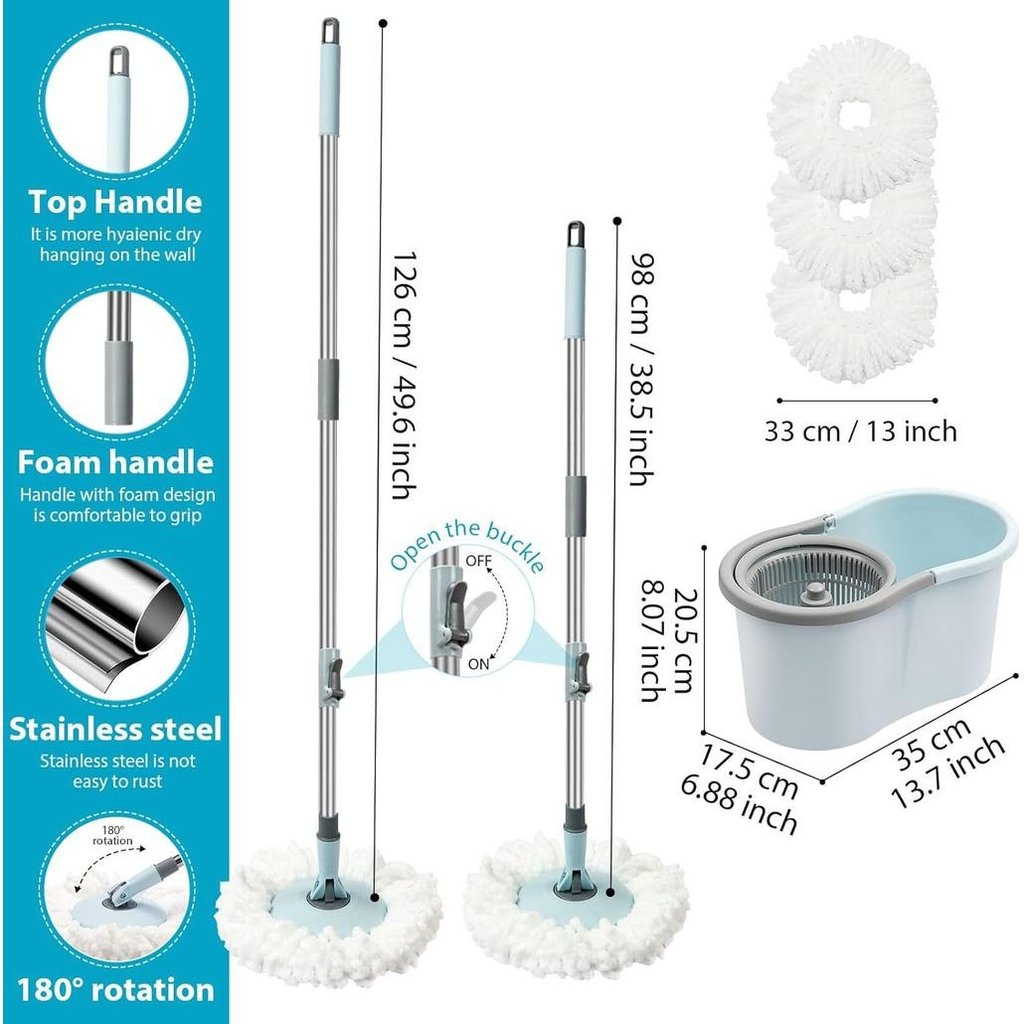 Conjunto de Mop Giratório e Balde com Espremedor, 360 °   Sistema de Balde com Mop Giratório com 3 Cabeças de Mop de Mic