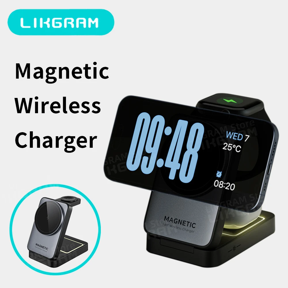 3 in 1 Magnetic Wireless Charger with Nightlight Foldable Magsafe for iPhone 12-17 Apple Watch AirPods (Not for AirPods 2) W91