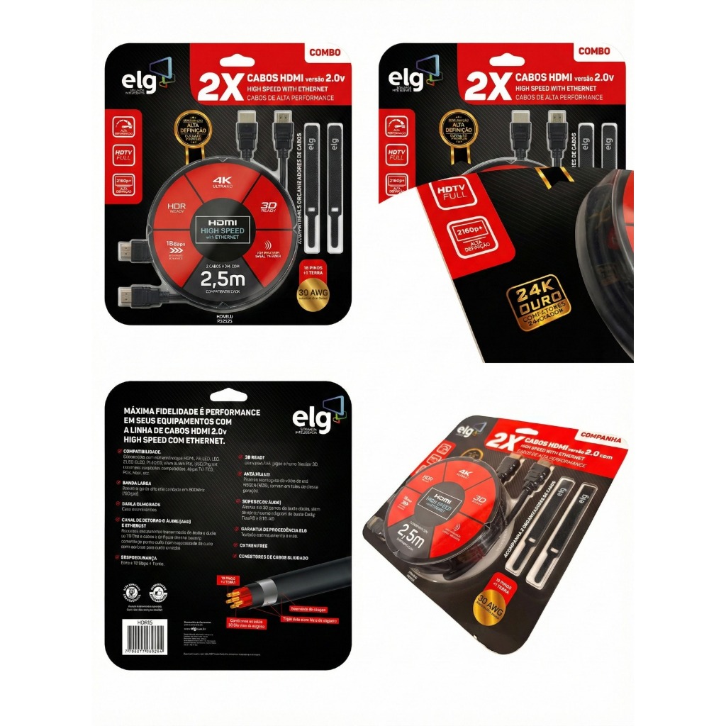 Kit 2 Cabos HDMI 2.0 ELG 2,5m High Speed com Ethernet 4K HDR Full HD