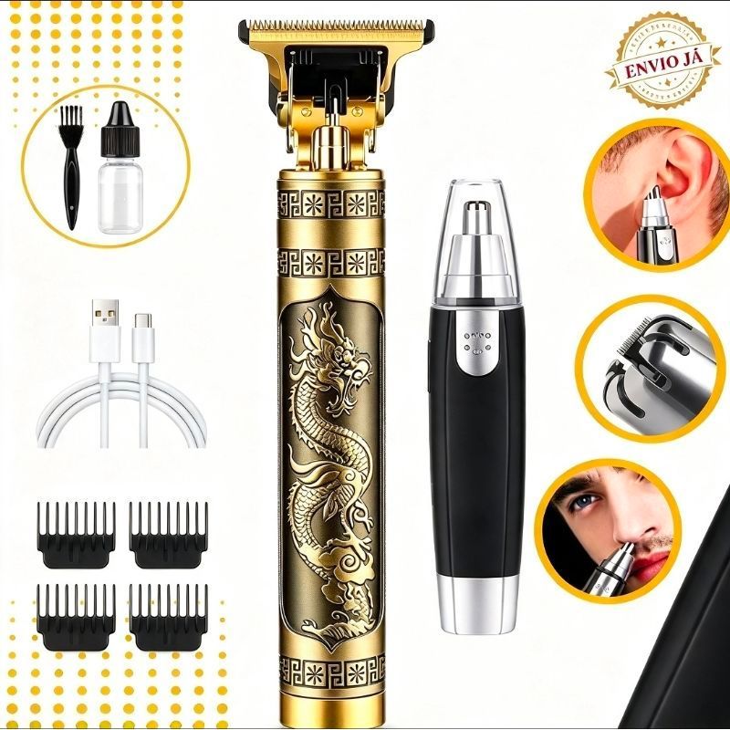 Máquina de Cortar Cabelo e Barba Elétrica com Comb 4 Peças e Carregador USB Kit Barbeiro