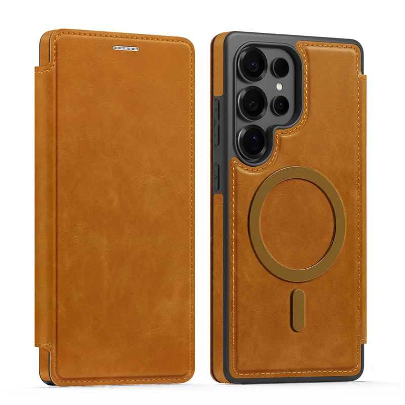 Luxury PU Leather Magnetic Flip Bracket Case For Samsung Galaxy S22 S23 S24 S25 Ultra Plus For Magsafe Slot Wallet Protect Cover
