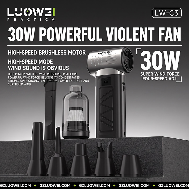 LUOWEI 30W Turbo Violent Fan Motor Sem Escova Portátil De Alta Velocidade Sopro De 4 Velocidades Suga Tipo C 1300mAh 197