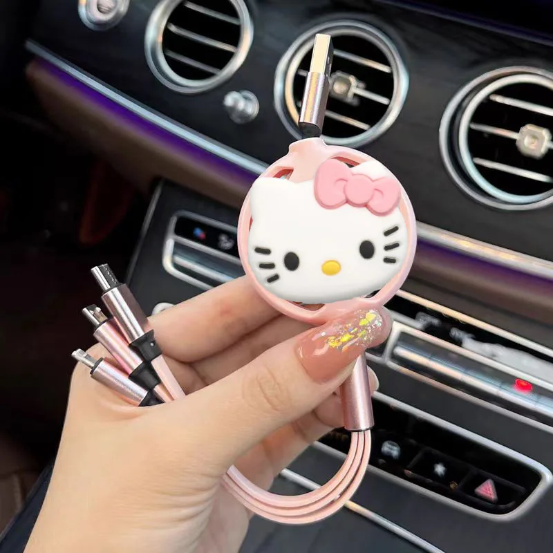 Sanrio Hello Kitty 3 In 1 Retractable USB Cable Fast Charging Data Cord For Iphone Huawei Multi Port Multiple Charging Wire