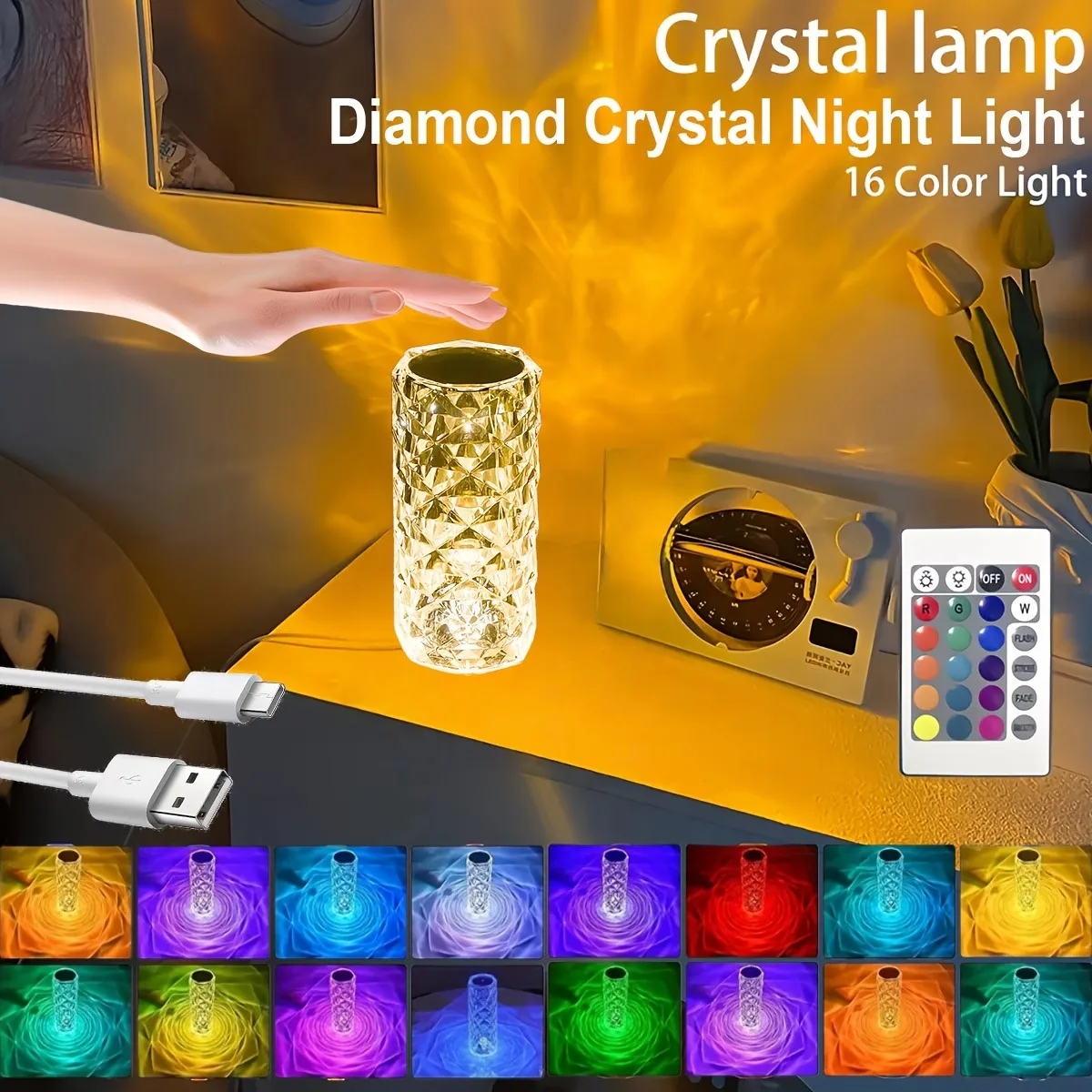 1pc Charging Crystal Table Lamp RGB Rose Diamond Touch Lamp Creative Light for Bedroom/Living Room/Party Dinner Home Decoration