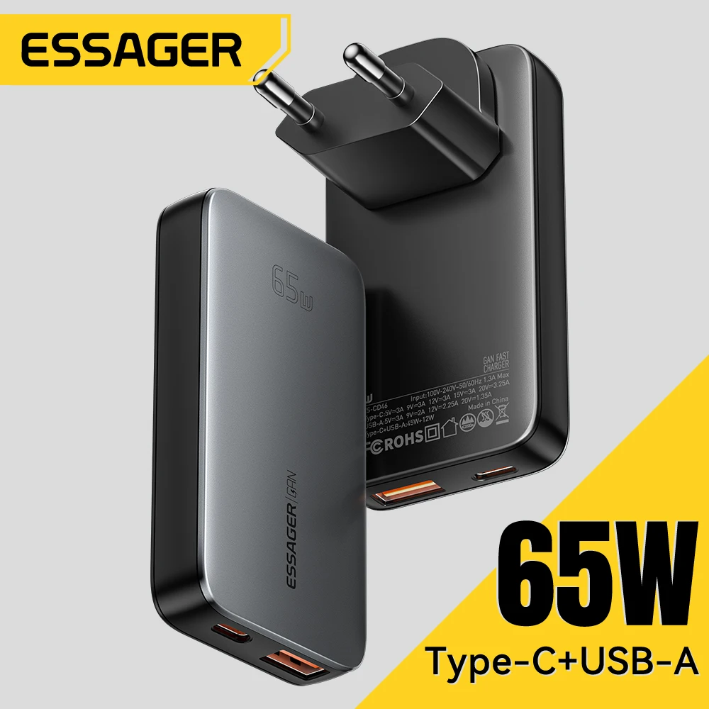 Essager 65W GaN Charger USB Type C PD3.0 Fast Charge For Macbook Tablet Quick Charge QC4.0 3.0 Phone Charger For iPhone 16 15 14