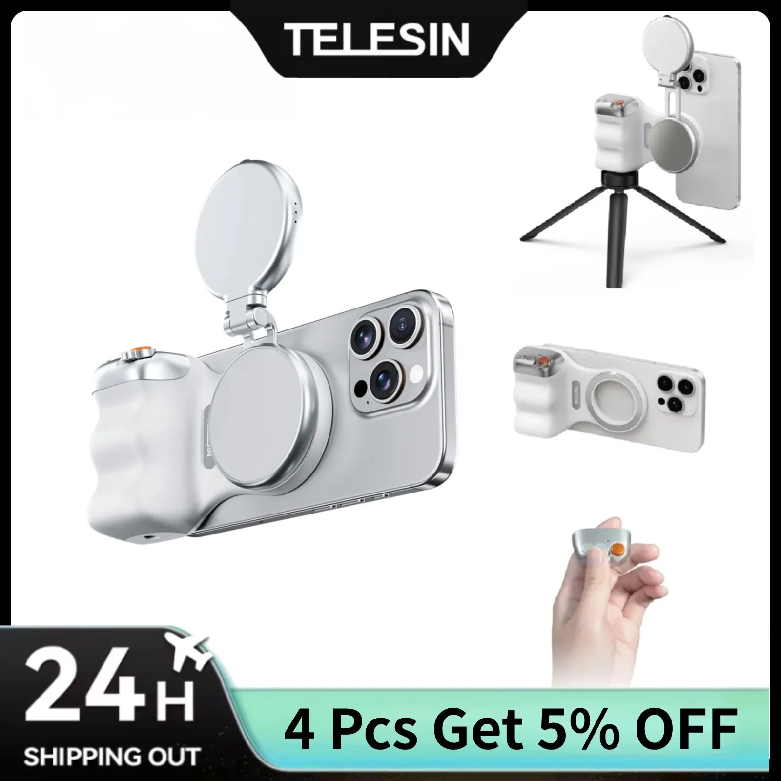 TELESIN Magnetic Camera Shutter Grip and Fill Light Set for iPhone 16 Pro Max 15 14 13 OnePlus XIAOMI Android Detachable Remote