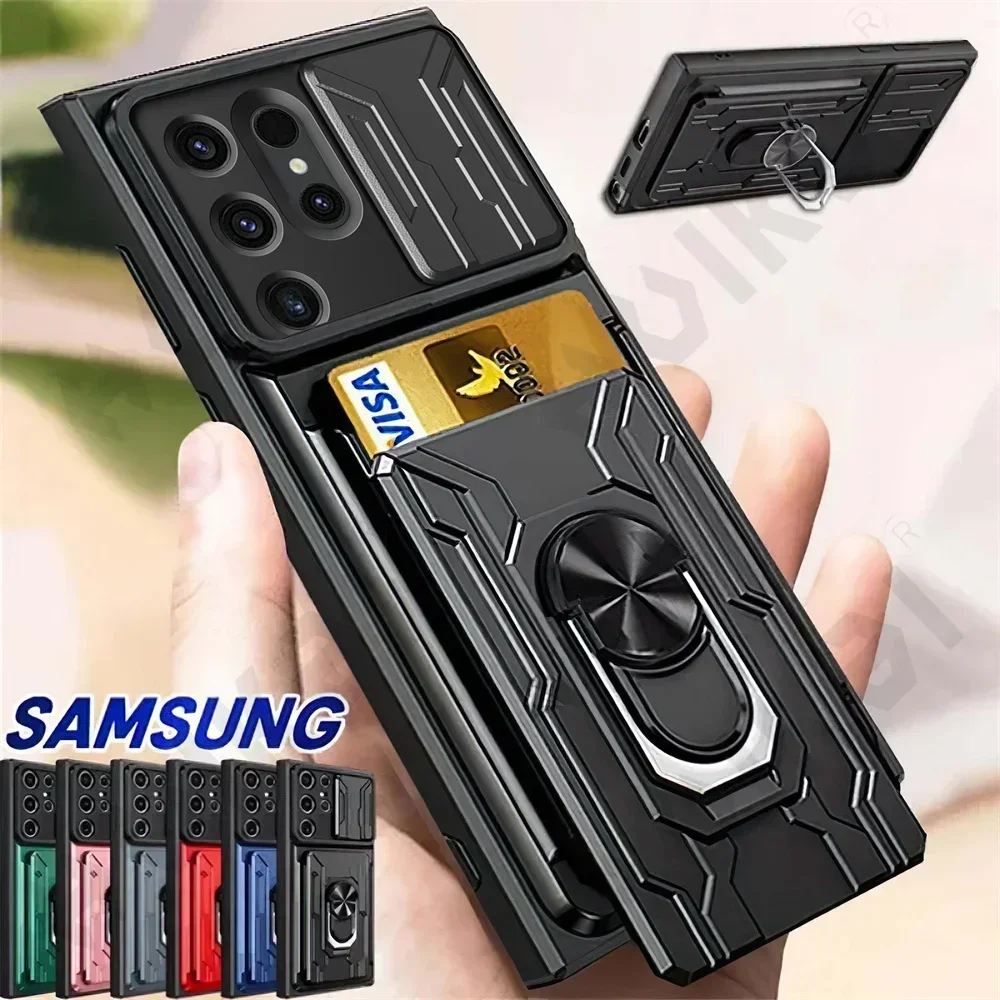 Case For Samsung Galaxy S24 S23 S26 S25 Ultra Plus S20 FE A57 A37 A56 A17 A36 4G 5G  Slide Camera Card Holder 360° Ring Cover