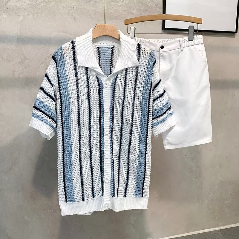 Camiseta masculina listrada americana solta de manga curta, malha de verão, nicho, cor contrastante, Design simples