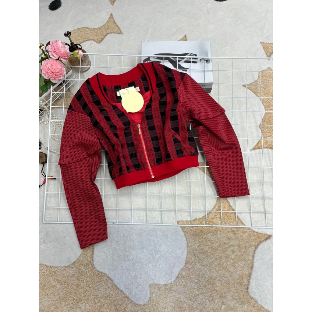 Simples moda zíper Design em torno do pescoço Retro verificado jaqueta curta jaqueta magro-ajuste mais magro olhar elega