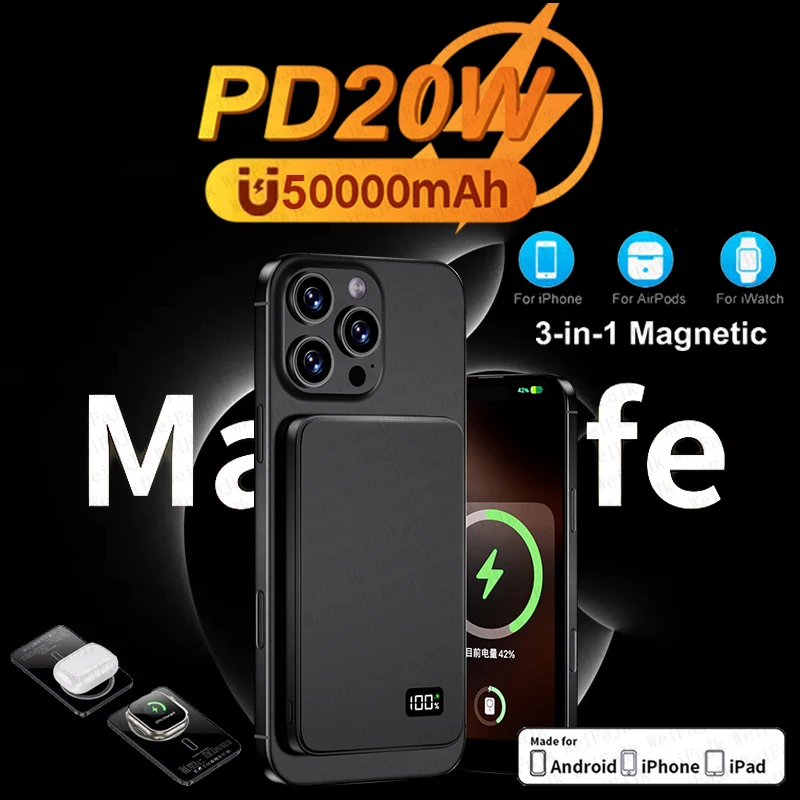 Original 50000mAh Powerbank Qi2 Magnetic Wireless Portable Charger External Spare Battery For iPhone Apple Watch AirPods Xiaomi