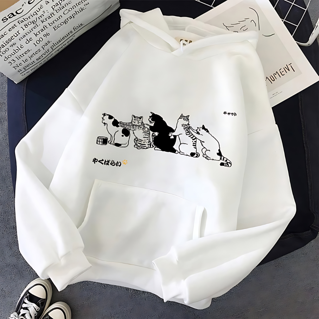 Moletom De Casal Fofo Estampa De Gato Simples E Versátil Japonês Largo Casual Unissex