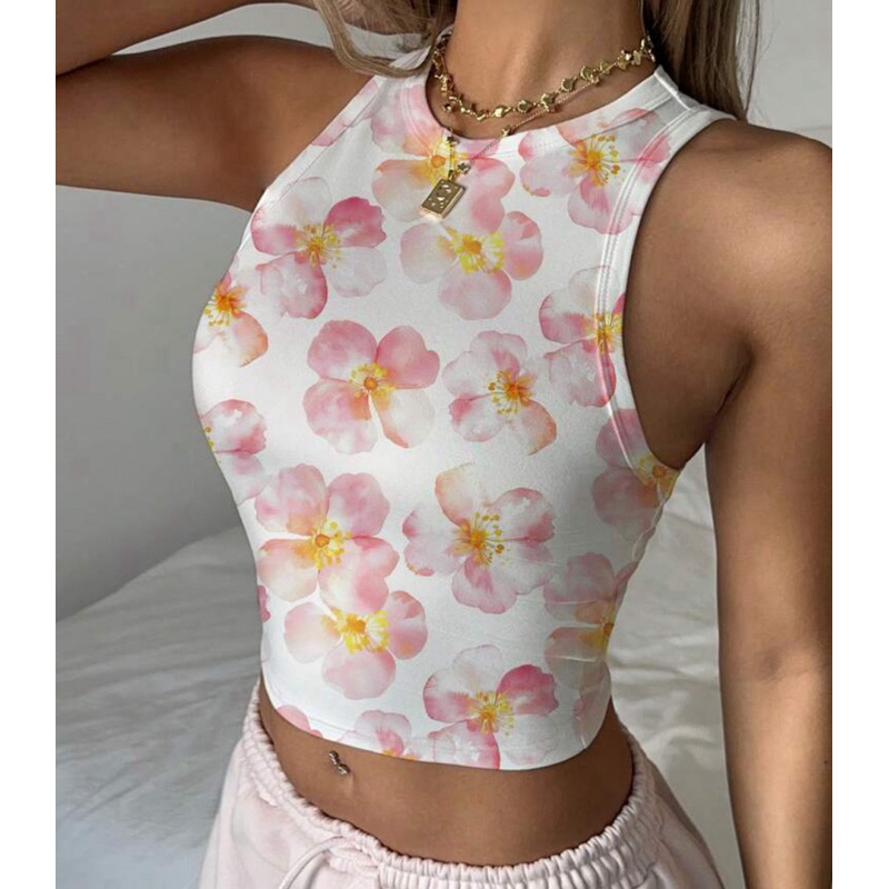 Regata Casual Simples de Cobertura Total com Estampa Floral Rosa