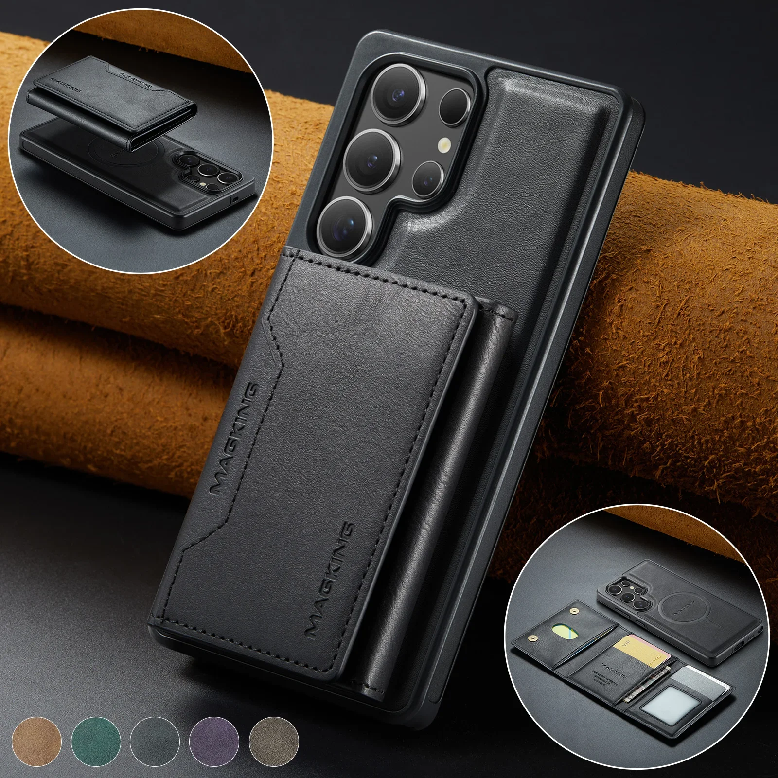 2 IN 1 Case For Samsung Galaxy S25 S24 Ultra Plus FE Wireless Charger Magsafe Wallet Lather Card Pocket Magnetic Kickstand Case