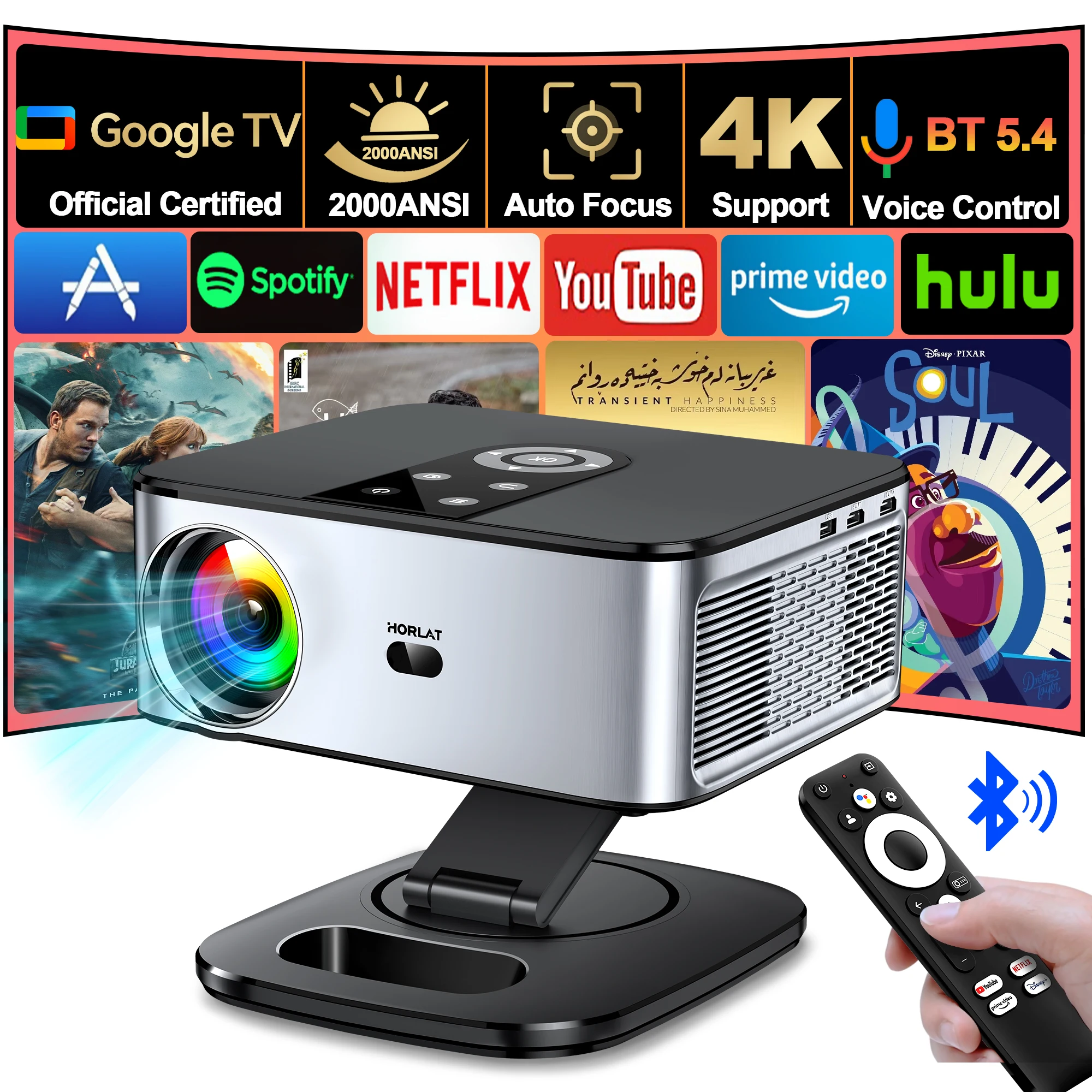 HORLAT Google TV Projector 40000 Lumens Bluetooth Voice Control Auto Focus Android 11 WiFi 6 4K UHD Home Theater Movie Projector