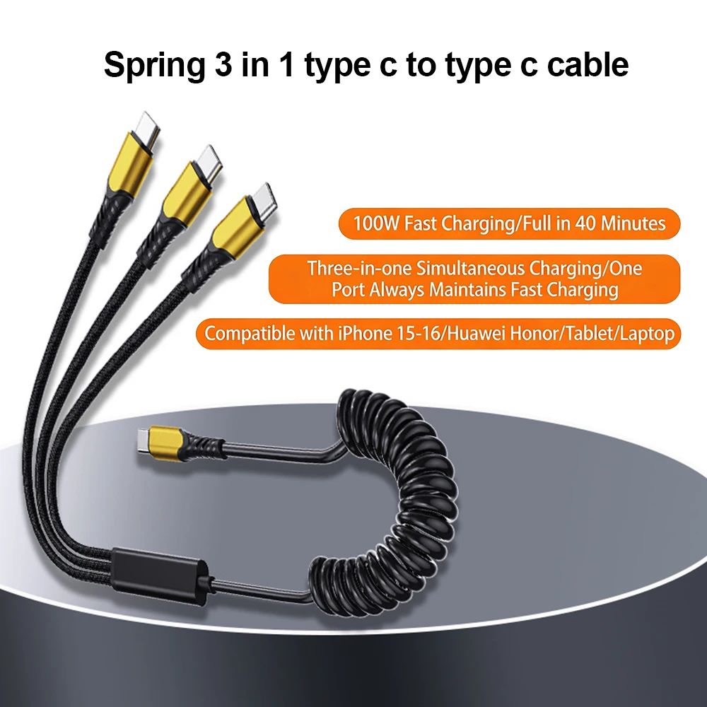 100W Braided Spring 3 in 1 USB C to 3 Type C Fast Charging Data Cable for iphone 17 Air 16 15 Pro Max Xiaomi Samsung S26 S25 S24