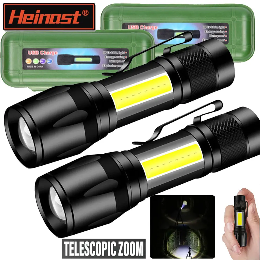Mini LED Flashlight COB+XPE Portable Torch USB Charging Camping Lantern Zoomable Focus Light Tactical Flashlight with Pen Clip