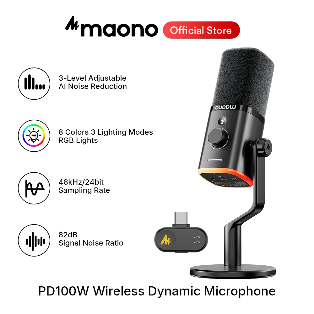 maono PD100W Wireless Dynamic Microphone Cardioid Dynamic Mic 50m Range One-Touch Noise Reduction RGB for Gaming Live Streaming