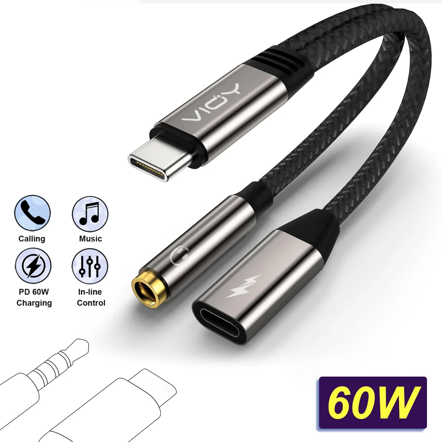 USB C To 3.5mm Headphone and Charger Adapter-2 in 1 USB C To Aux Audio Jack with PD 60W Fast Charging and Data Transfer