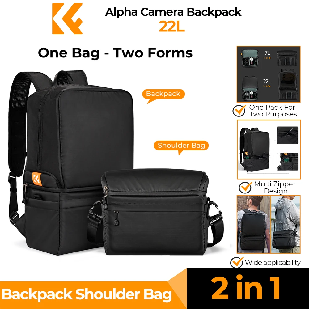 K&F CONCEPT 22L Camera Backpack 2 In 1 Photographers Camera Shoulder Bag Crossbody Travel Bag For Sony Canon Nikon Camera Lenses