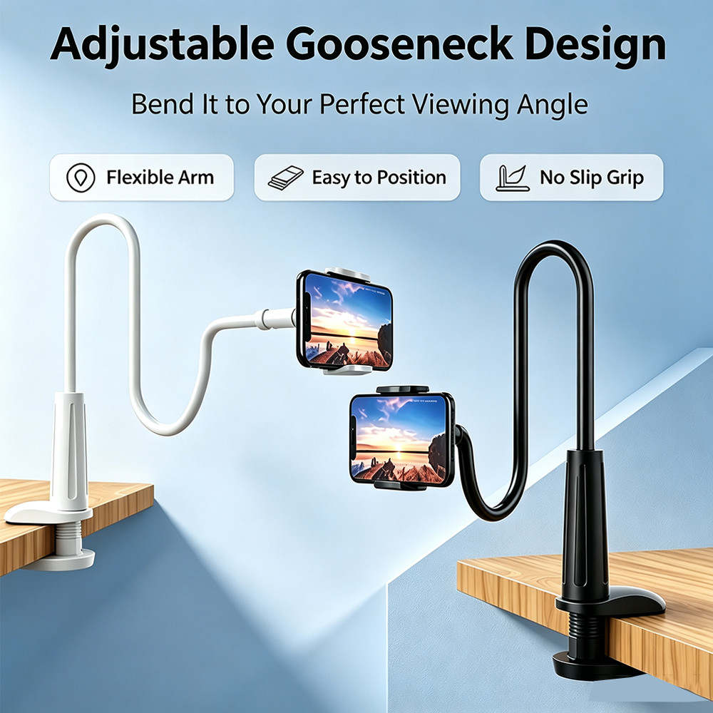 Hands‑Free Gooseneck Phone Stand, Bendable Long Arm Phone Clip Holder for Bed Desk Sofa Video Watching