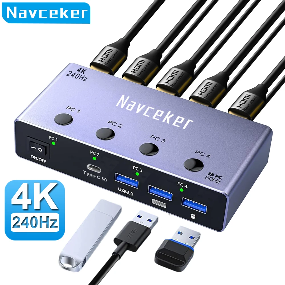 Navceker 4K 240Hz 4X1 HDMI KVM Switcher 4 Port 8K USB HDMI KVM 4 PC Switch 144Hz Docking Station Share 1 Monitor Mouse Keyboard