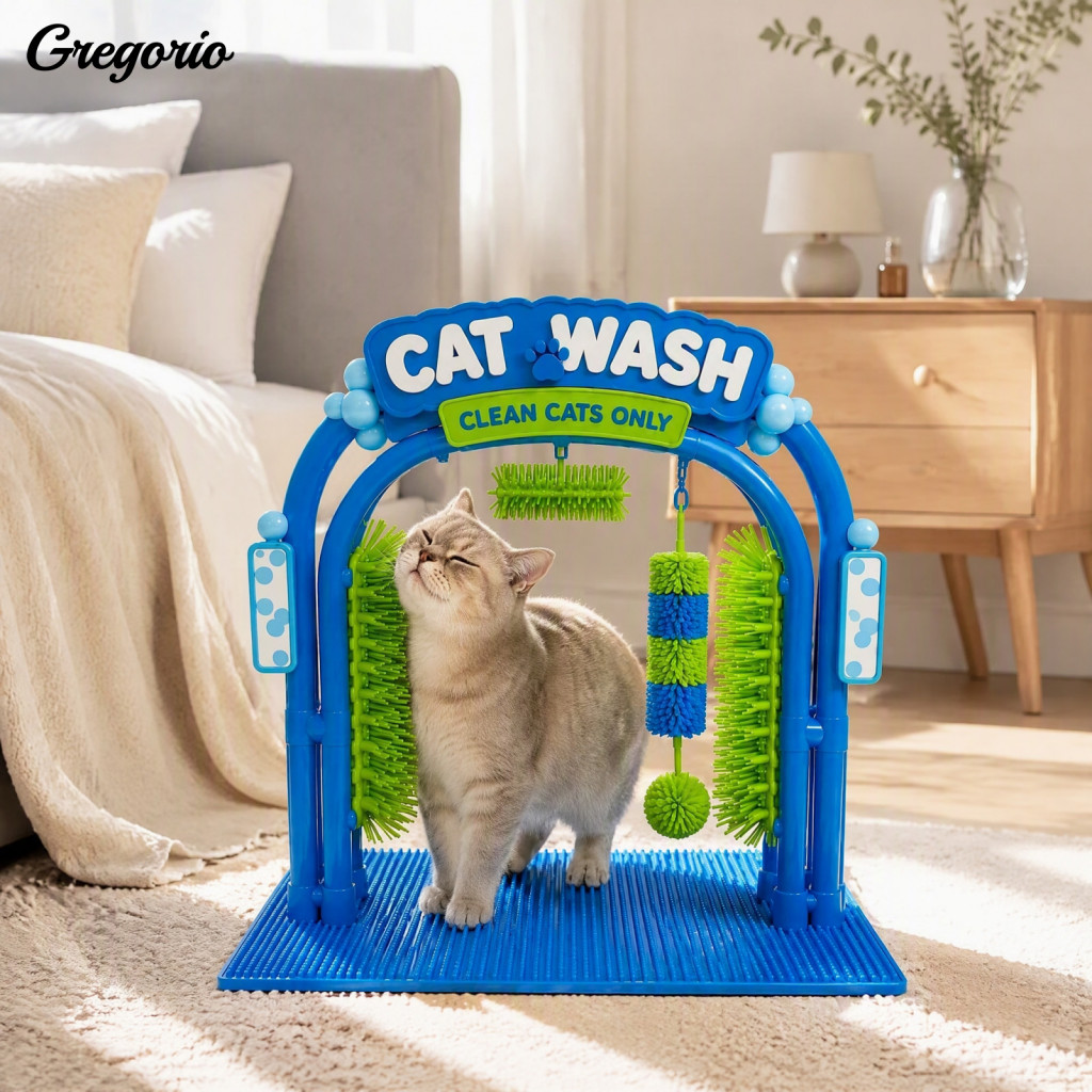 Indoor Cat Washing Station Grooming Self Groomer with Soft Brushes – Massage Scratcher Loose Fur Remover Car Wash
