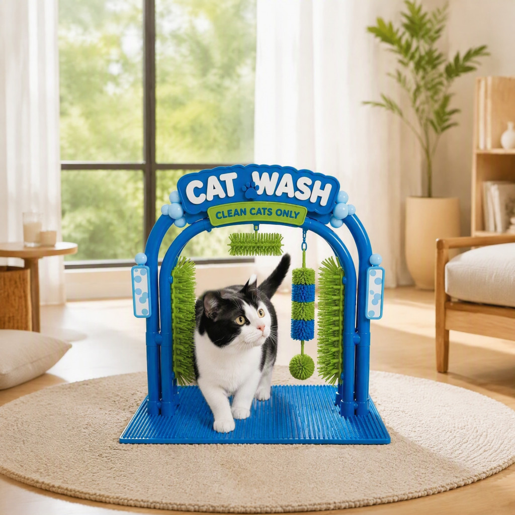 Cat Grooming Station Indoor Washing Self Groomer with Soft Brushes – Massage Scratcher Loose Fur Remover Car Wash