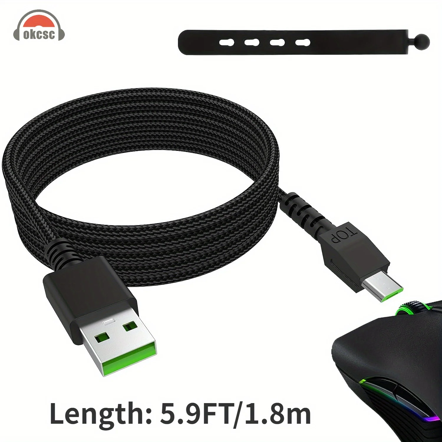 OKCSC Razer Compatible Micro USB Braided Mouse Charging Cable Nylon Flat Cord Male to Female Connector Gaming Mouse Charger Cord