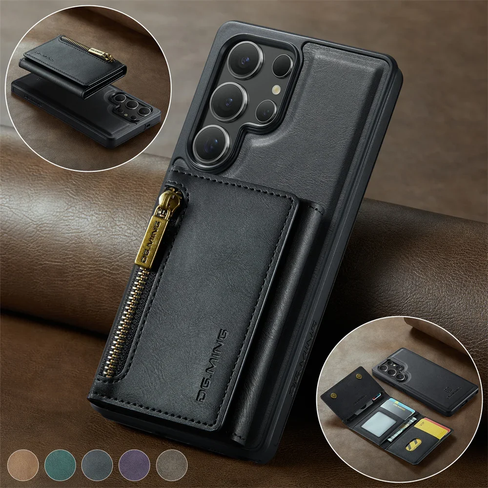 2 IN 1 Case For Samsung Galaxy S25 S24 Ultra Plus FE Wireless Charger Magsafe Wallet Lather Card Pocket Magnetic Kickstand Case
