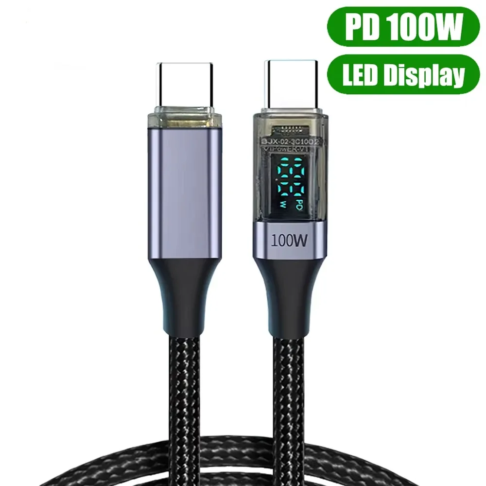 PD 100W 0.5M/1M/2M USB Type C To C Fast Charging Cable For iPhone 15 16 17 iPad Laptop Data Charger 6A Quick Charge LED Wire