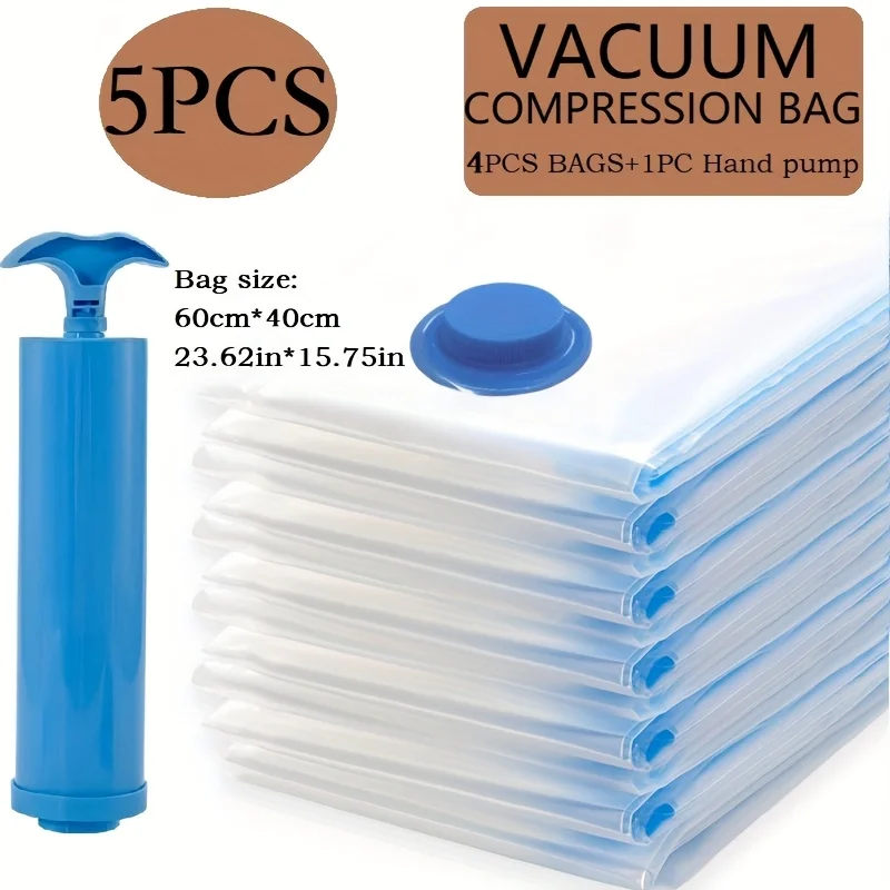 5Pcs XL Vacuum Storage Bags 40x60cm with 1 Hand Pump, Space Saving, Dustproof & Waterproof for Clothes, Bedding, Dorms & Moving