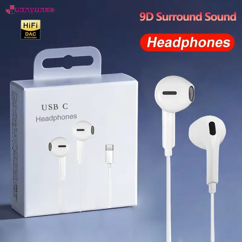 Type C Headphones Original USB C Wired Earphones In-Ear for Apple iphone 17 Air 15 Pro Max 16 Plus Hifi Bass Earbuds for Samsung