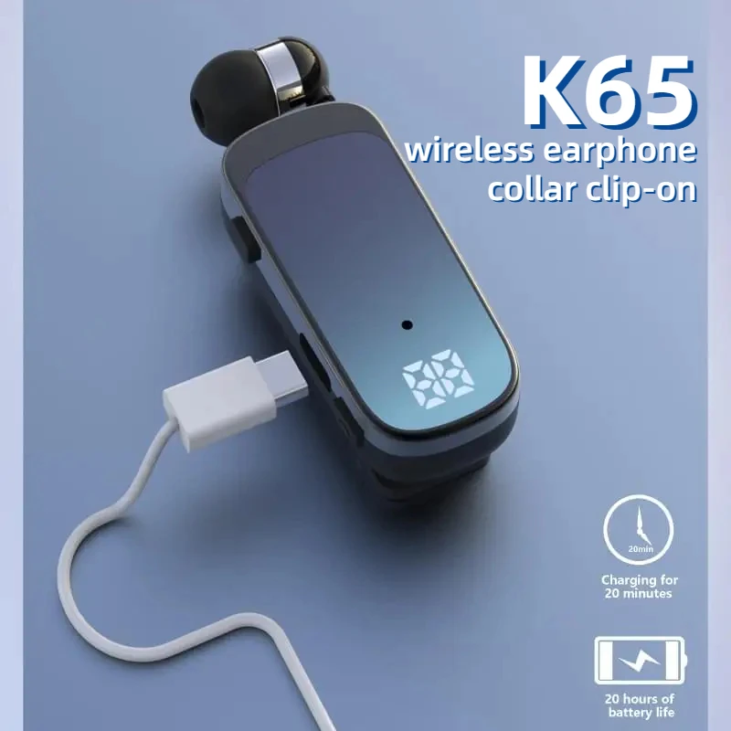 Trouvaille K65 Wireless Earphones Bluetooth Headphone In Lotus Retractable Headset Single Ear Handsfree Power Display 20 Hours
