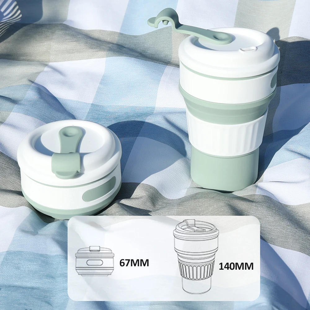 350ML Food-Grade Silicone Folding Cup Portable Travel Mug with Lid Leak Proof Collapsible Reusable for Hot Cold Drinks Outdoor