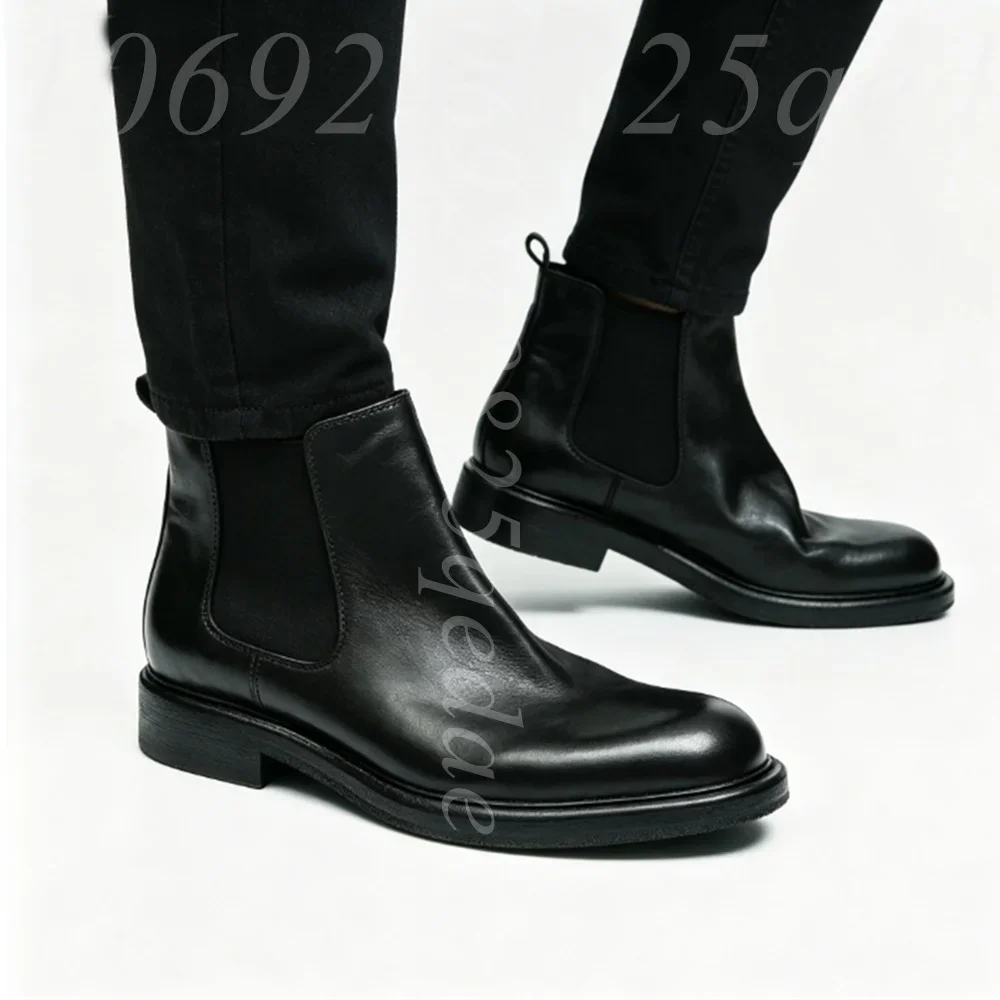 Men's Premium Matte Leather Chelsea Boots, Chunky Thick Sole, Elastic Gusset, Pull On Tab, Round Toe Formal Dress Shoes for Men