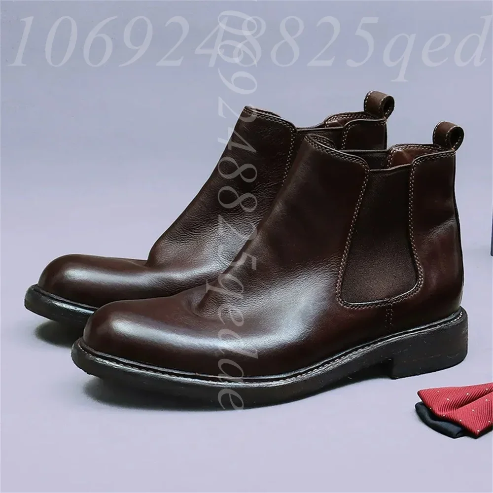 Men's Premium Matte Leather Chelsea Boots, Chunky Thick Sole, Elastic Gusset, Pull On Tab, Round Toe Formal Dress Shoes for Men