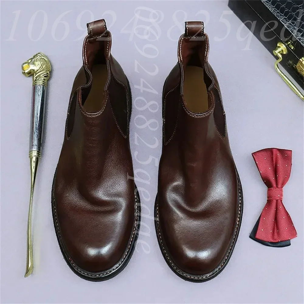 Men's Premium Matte Leather Chelsea Boots, Chunky Thick Sole, Elastic Gusset, Pull On Tab, Round Toe Formal Dress Shoes for Men