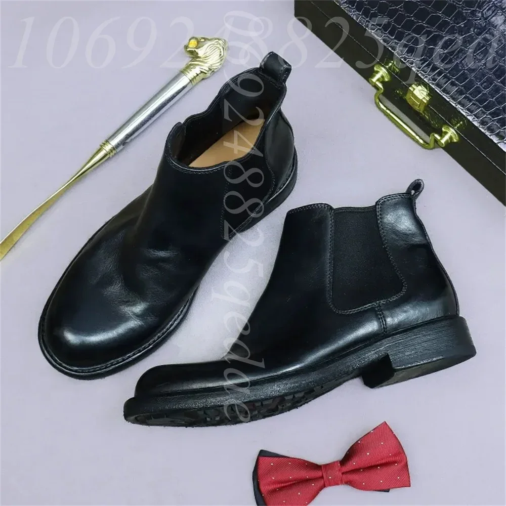 Men's Premium Matte Leather Chelsea Boots, Chunky Thick Sole, Elastic Gusset, Pull On Tab, Round Toe Formal Dress Shoes for Men
