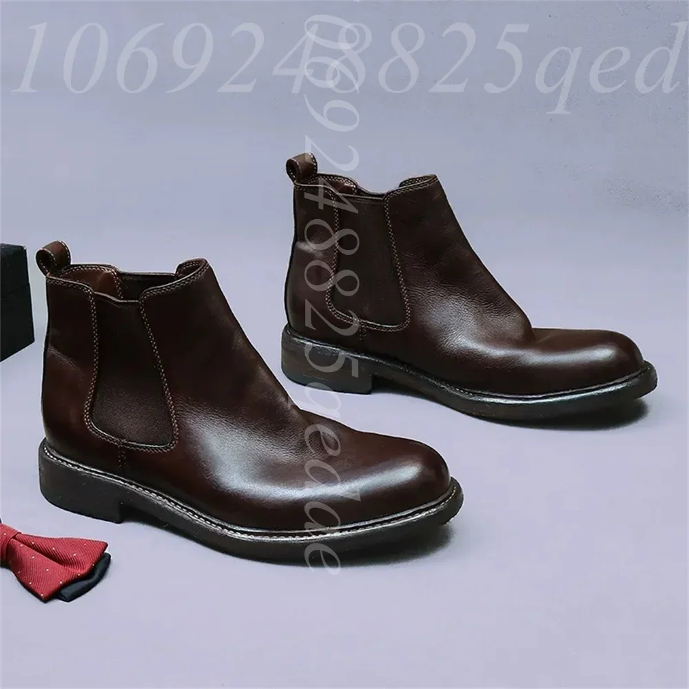 Men's Premium Matte Leather Chelsea Boots, Chunky Thick Sole, Elastic Gusset, Pull On Tab, Round Toe Formal Dress Shoes for Men