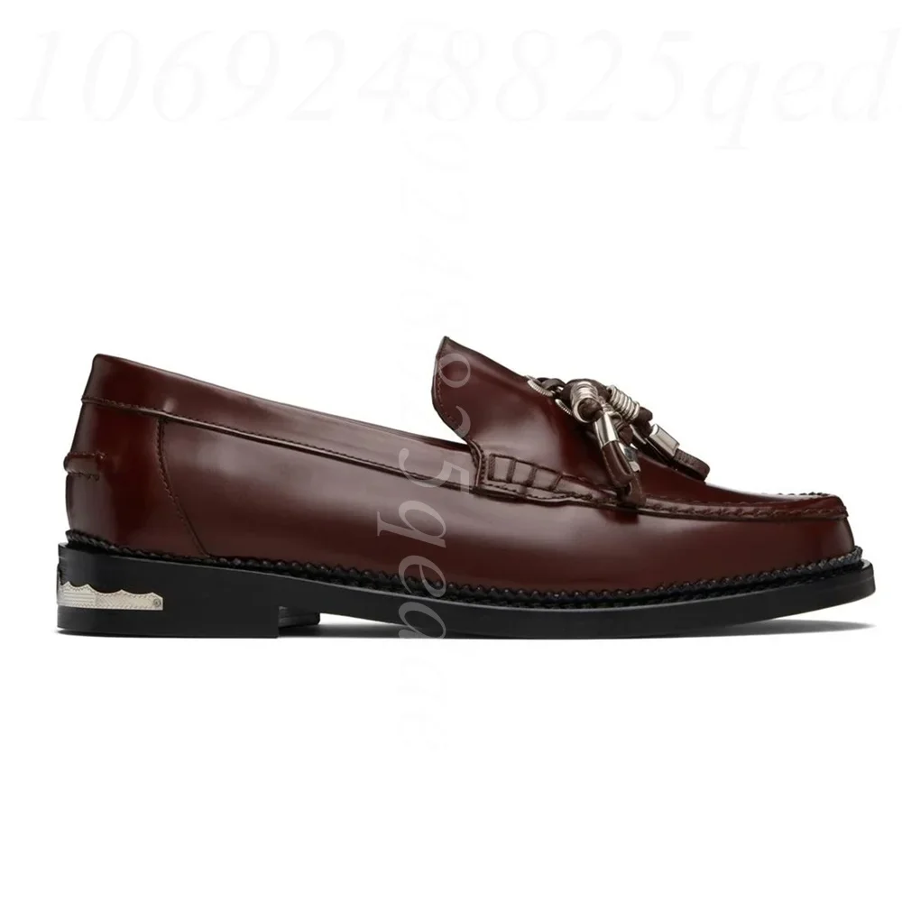 Men's Burgundy Premium Texture Tassel Decor Loafers, Slip on Low Heel Formal Dress Shoes with Metal Detail for Office Daliy Wear