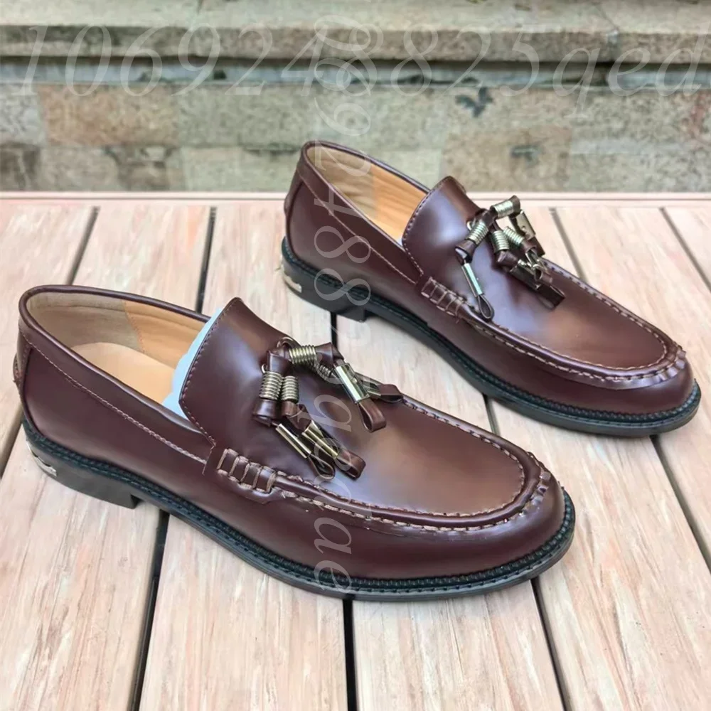 Men's Burgundy Premium Texture Tassel Decor Loafers, Slip on Low Heel Formal Dress Shoes with Metal Detail for Office Daliy Wear