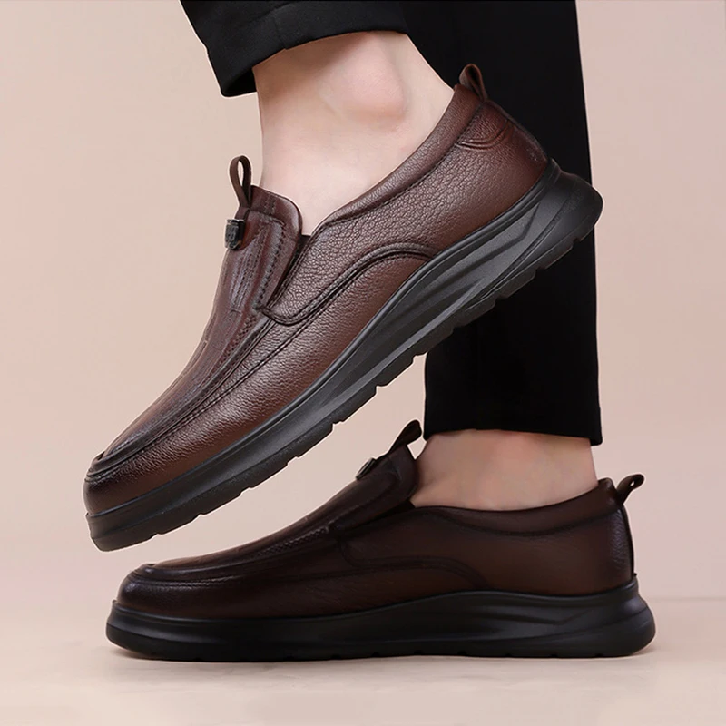 Premium Genuine Leather Men's Loafers Slip-On Comfort Thick Sole Business Shoes Office Daily Wear Lightweight Durable Footwear
